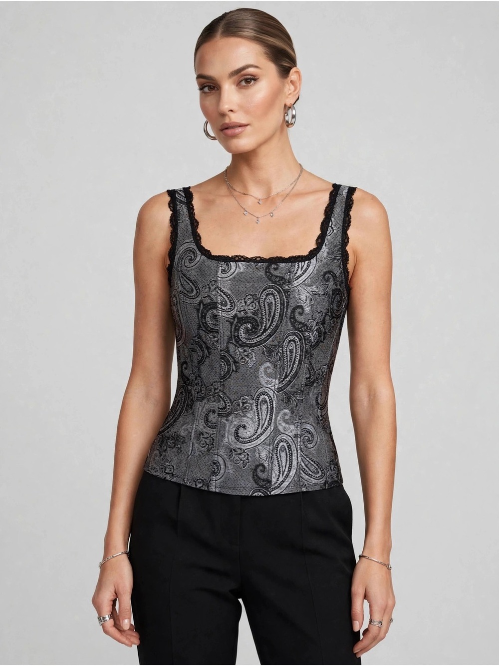 WHBM S Metallic Paisley Corset Cami Bustier Sweetheart Neckline Lace Trim Y2K